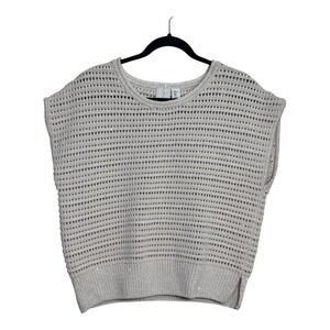 Joie Women's L Beige Knit Open Weave Metallic Sparkle Short Sleeve Sweater Top